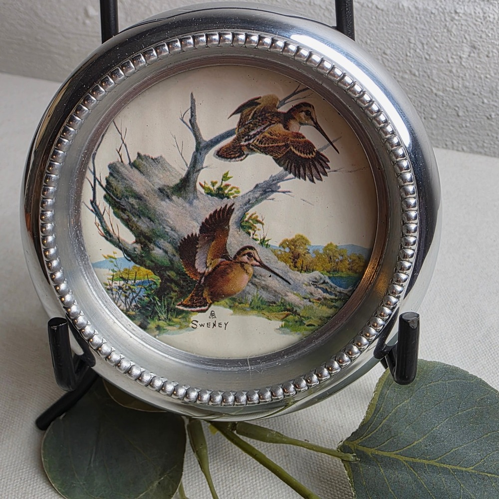 Vintage Fred Sweney Woodcock Bird Wildlife Metal Coaster Beaded Rim Trinket Dish